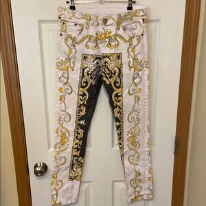 Baroque Print Jeans in White and Gold size 34. Funky